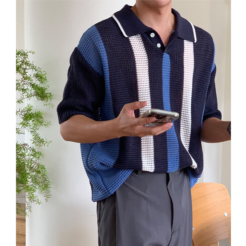 Áo Polo Dệt Kim Tay Ngắn Kẻ Sọc Rỗng Thoáng Khí Màu Sắc Khóa Cài
