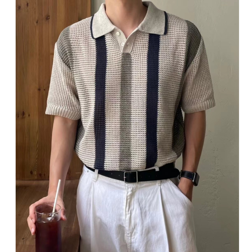 Áo Polo Dệt Kim Tay Ngắn Kẻ Sọc Rỗng Thoáng Khí Màu Sắc Khóa Cài