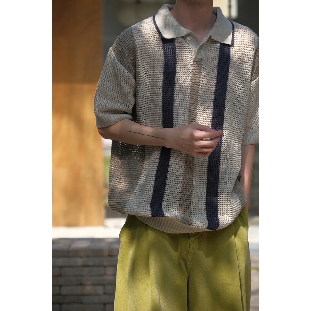 Áo Polo Dệt Kim Tay Ngắn Kẻ Sọc Rỗng Thoáng Khí Màu Sắc Khóa Cài
