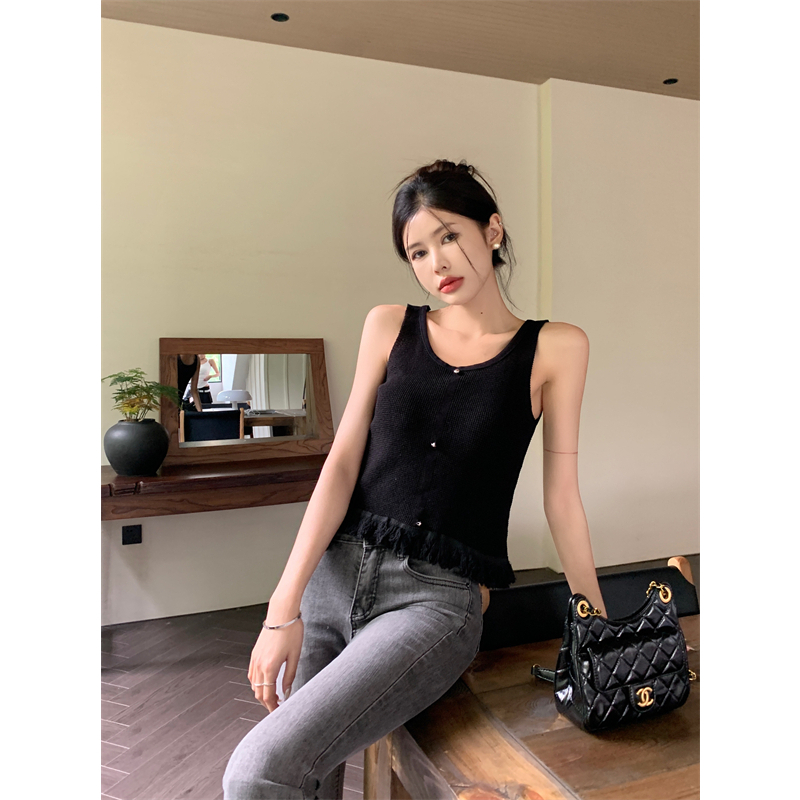 Lalisas Áo Hai Dây Dệt Kim Dáng Ngắn Viền Tua Rua Thiết Kế Thời Trang Mới Cho Nữ