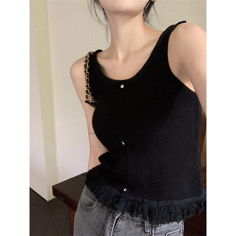 Lalisas Áo Hai Dây Dệt Kim Dáng Ngắn Viền Tua Rua Thiết Kế Thời Trang Mới Cho Nữ