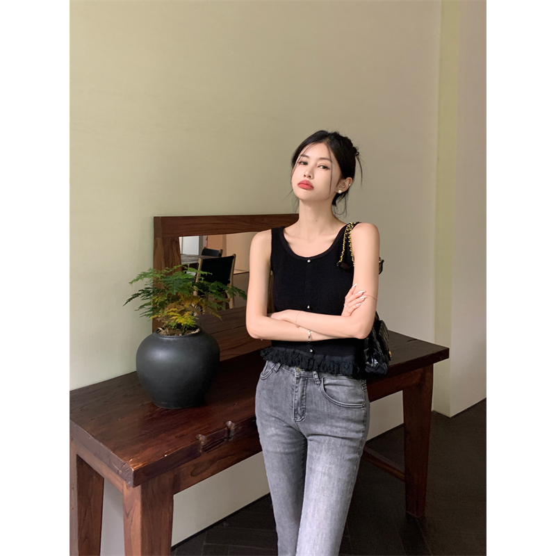 Lalisas Áo Hai Dây Dệt Kim Dáng Ngắn Viền Tua Rua Thiết Kế Thời Trang Mới Cho Nữ