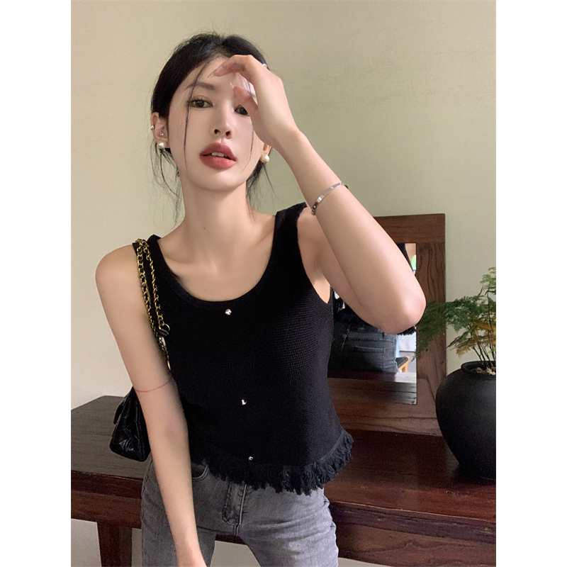 Lalisas Áo Hai Dây Dệt Kim Dáng Ngắn Viền Tua Rua Thiết Kế Thời Trang Mới Cho Nữ