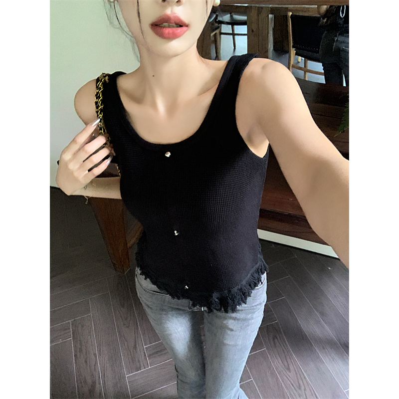 Lalisas Áo Hai Dây Dệt Kim Dáng Ngắn Viền Tua Rua Thiết Kế Thời Trang Mới Cho Nữ