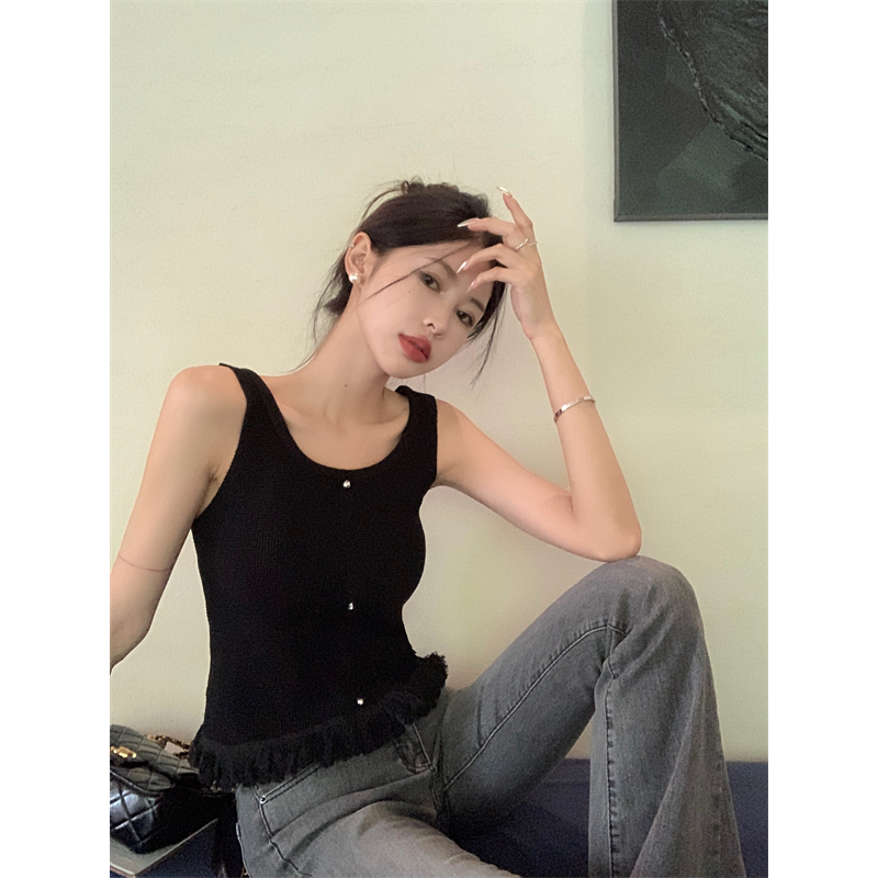 Lalisas Áo Hai Dây Dệt Kim Dáng Ngắn Viền Tua Rua Thiết Kế Thời Trang Mới Cho Nữ