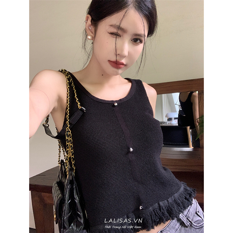 Lalisas Áo Hai Dây Dệt Kim Dáng Ngắn Viền Tua Rua Thiết Kế Thời Trang Mới Cho Nữ