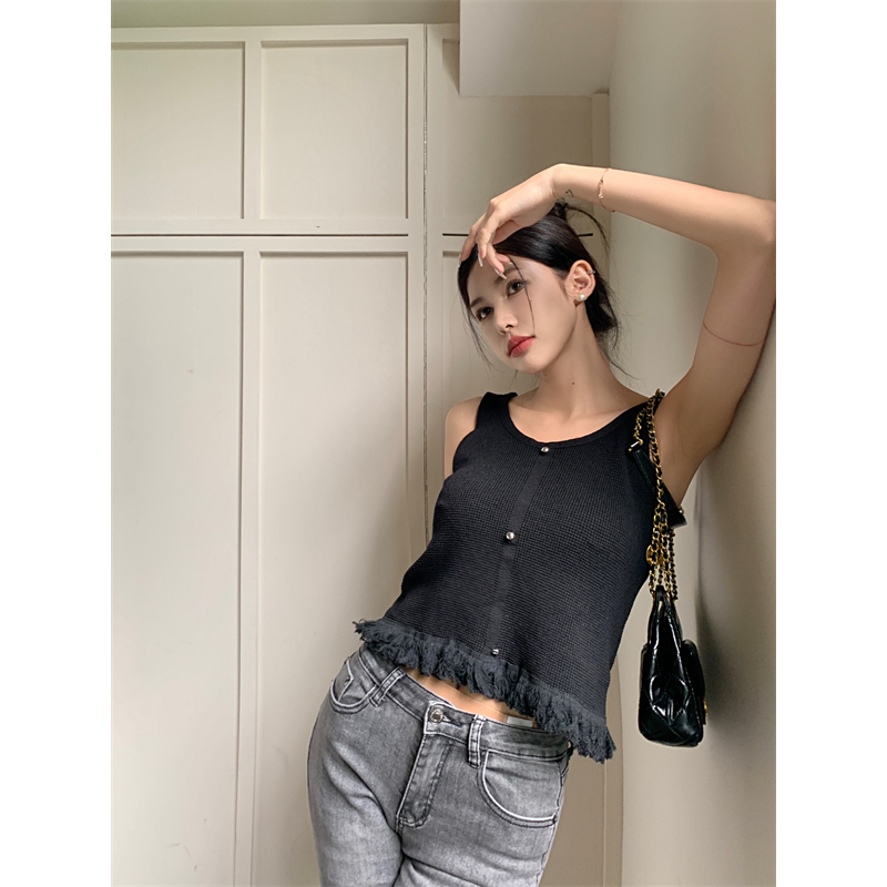 Lalisas Áo Hai Dây Dệt Kim Dáng Ngắn Viền Tua Rua Thiết Kế Thời Trang Mới Cho Nữ