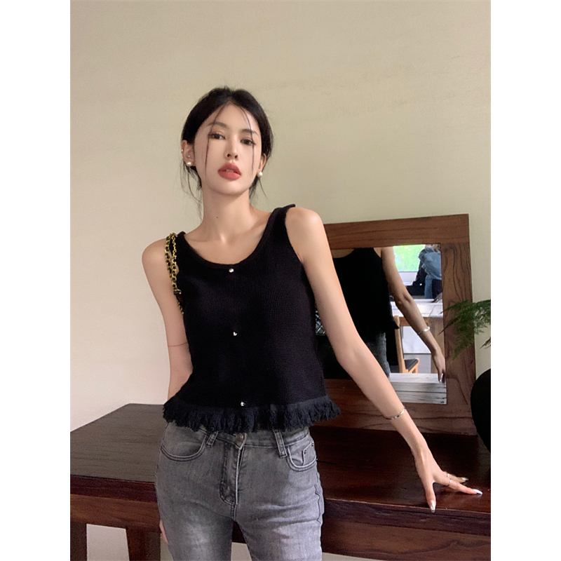 Lalisas Áo Hai Dây Dệt Kim Dáng Ngắn Viền Tua Rua Thiết Kế Thời Trang Mới Cho Nữ