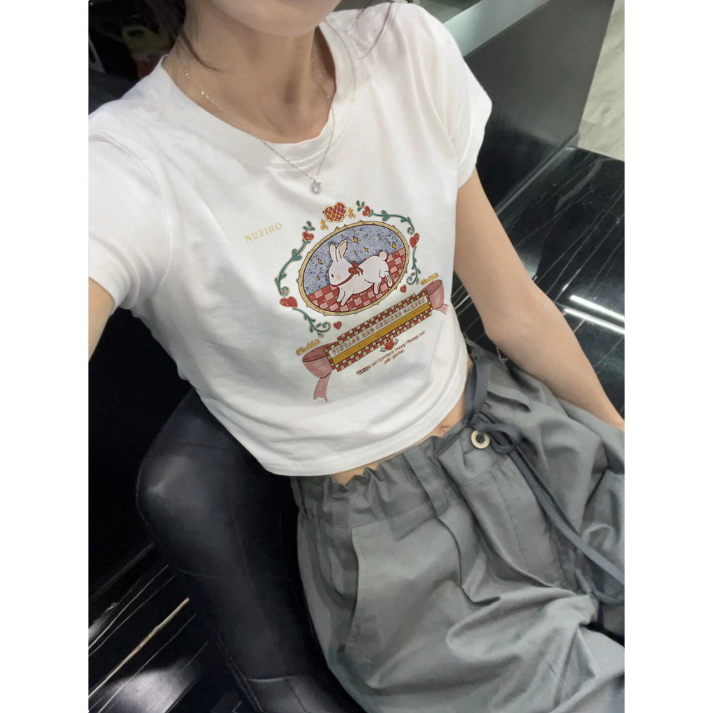 Cocory vn Áo Thun Croptop Tay Ngắn Dáng Ôm Vải Cotton In Họa Tiết Thời Trang Retro Xinh Xắn Cho Nữ
