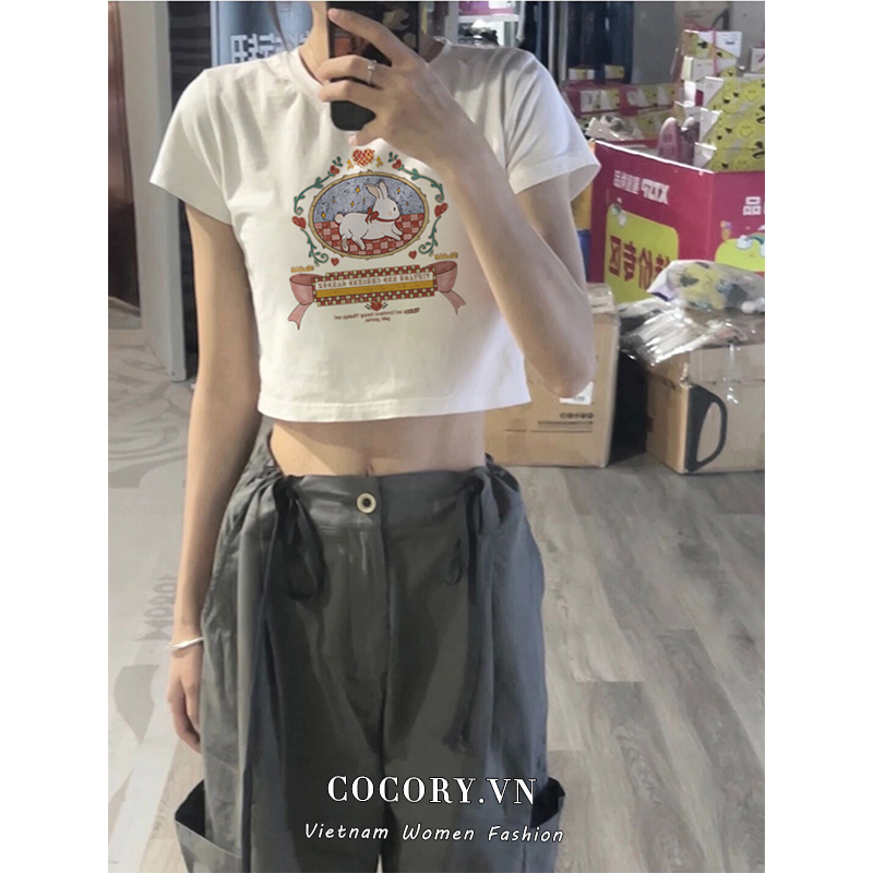 Cocory vn Áo Thun Croptop Tay Ngắn Dáng Ôm Vải Cotton In Họa Tiết Thời Trang Retro Xinh Xắn Cho Nữ