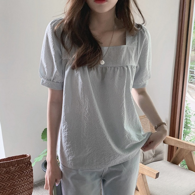 Áo Sơ Mi Ngắn Tay Cổ Vuông Họa Tiết Sọc Caro Phong Cách Hàn Quốc Thời Trang Mùa Hè Mới Cho Nữ