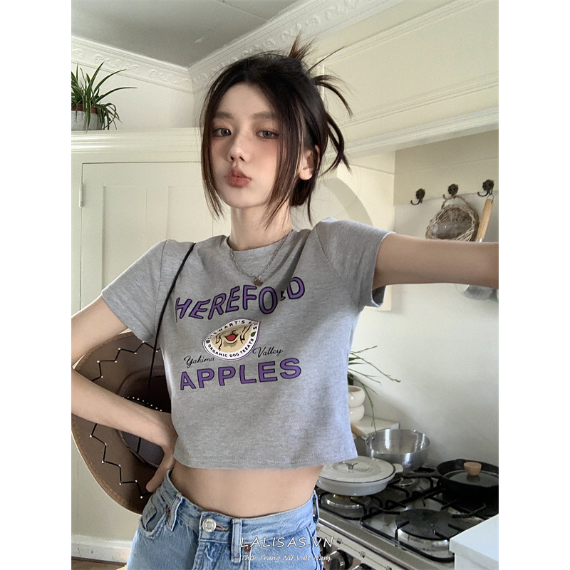 Áo Croptop Tay Ngắn Dáng Ôm In Chữ Phong Cách Mỹ Cổ Điển Thời Trang Cho Nữ