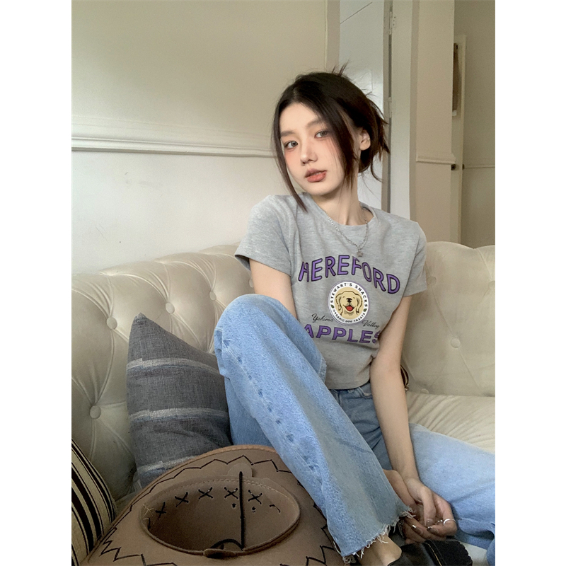 Áo Croptop Tay Ngắn Dáng Ôm In Chữ Phong Cách Mỹ Cổ Điển Thời Trang Cho Nữ