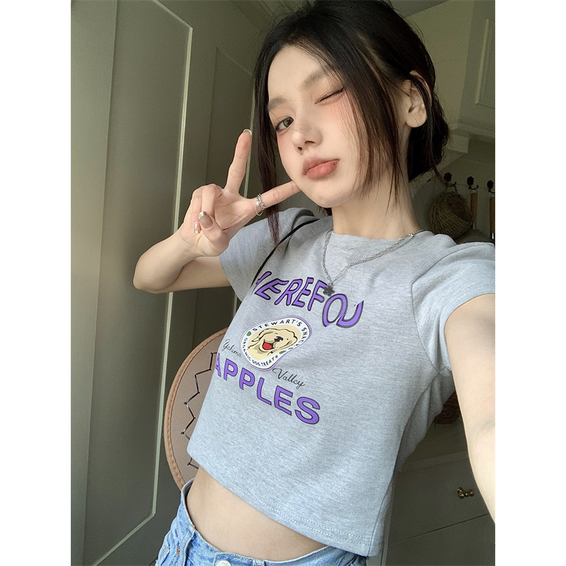 Áo Croptop Tay Ngắn Dáng Ôm In Chữ Phong Cách Mỹ Cổ Điển Thời Trang Cho Nữ