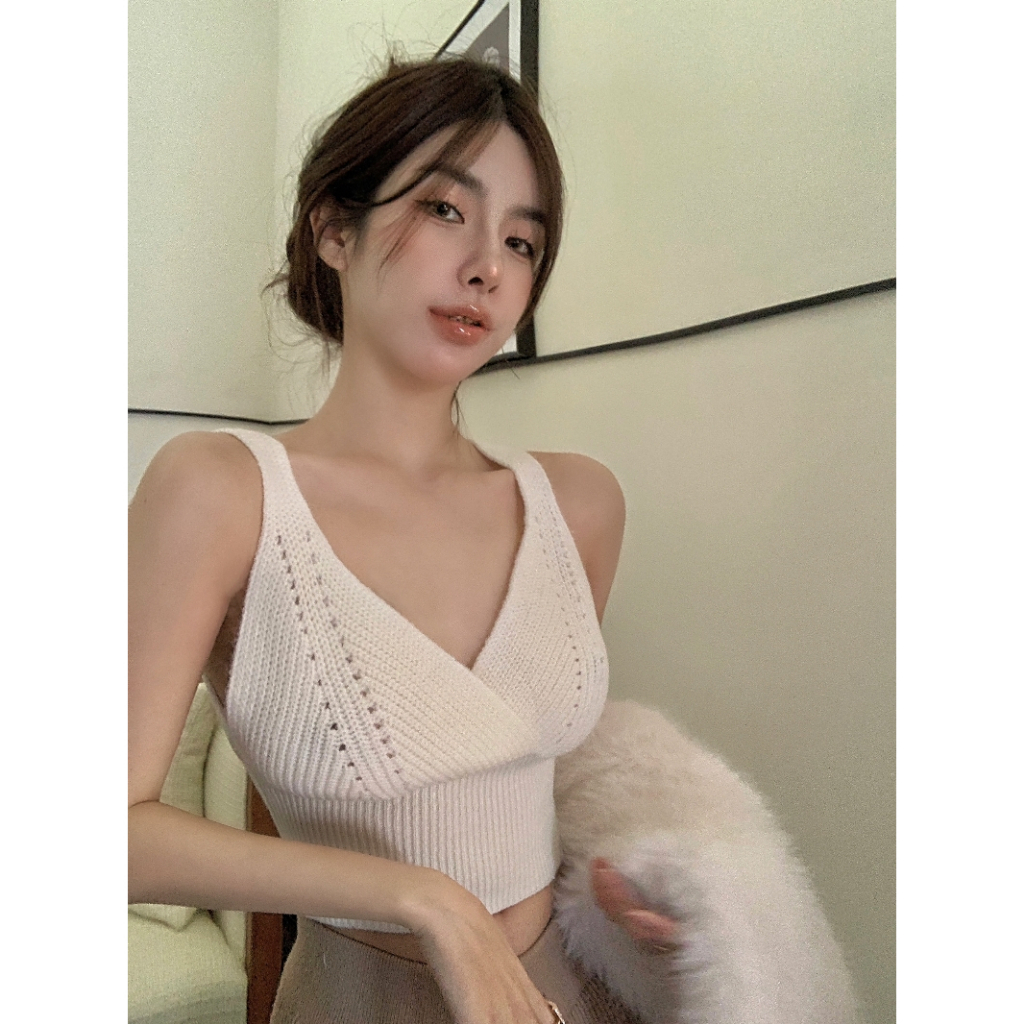 Áo Hai Dây Dệt Kim Dáng Ngắn Ôm Sát Phong Cách Hàn Quốc Thời Trang 2023 Cho Nữ