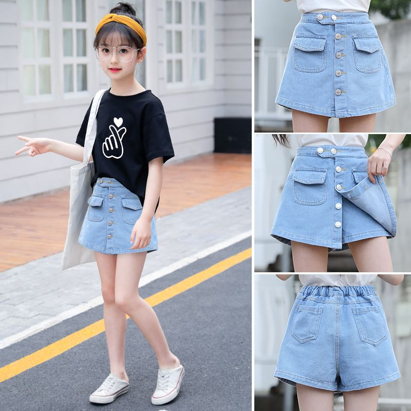 Váy nửa người cho bé gái 2023 Quần jean trẻ em mới 5-6-7-8-9-10-11-12-13-14-15 tuổi Quần jean mùa hè cho bé gái