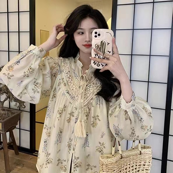 Áo Hoa Tay Dài Cổ Chữ v Thời Trang retro Hàn Quốc Cho Nữ