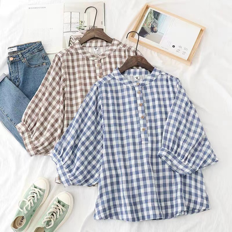 Áo Sơ Mi Tay Lỡ 3 / 4 Vải Cotton Dáng Rộng Họa Tiết Kẻ Sọc Phong Cách Hàn Quốc Vintage Cho Nữ