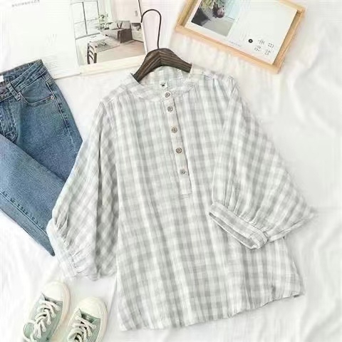 Áo Sơ Mi Tay Lỡ 3 / 4 Vải Cotton Dáng Rộng Họa Tiết Kẻ Sọc Phong Cách Hàn Quốc Vintage Cho Nữ