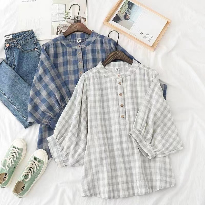 Áo Sơ Mi Tay Lỡ 3 / 4 Vải Cotton Dáng Rộng Họa Tiết Kẻ Sọc Phong Cách Hàn Quốc Vintage Cho Nữ