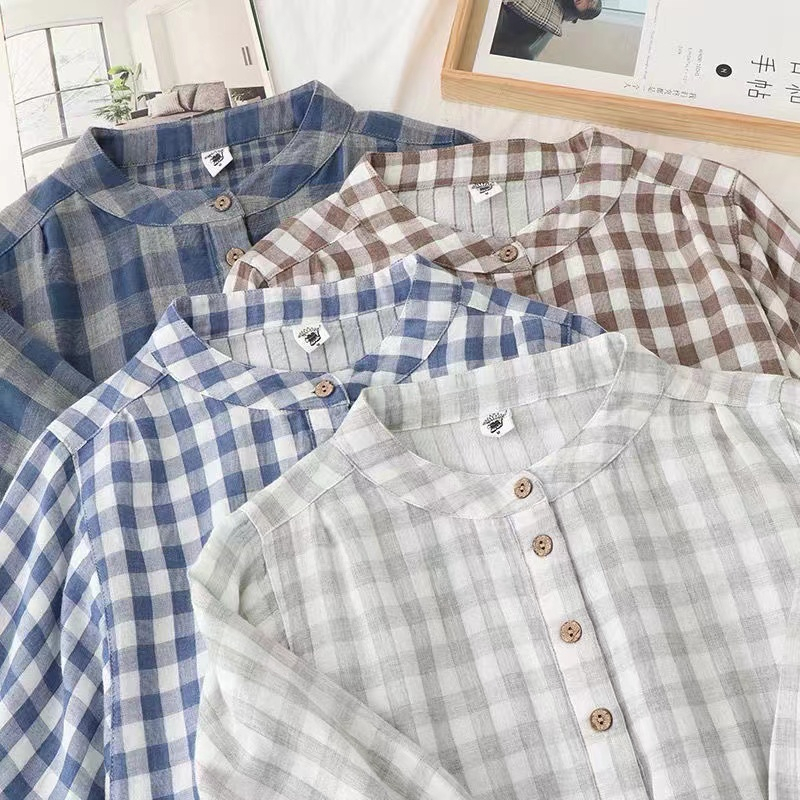 Áo Sơ Mi Tay Lỡ 3 / 4 Vải Cotton Dáng Rộng Họa Tiết Kẻ Sọc Phong Cách Hàn Quốc Vintage Cho Nữ