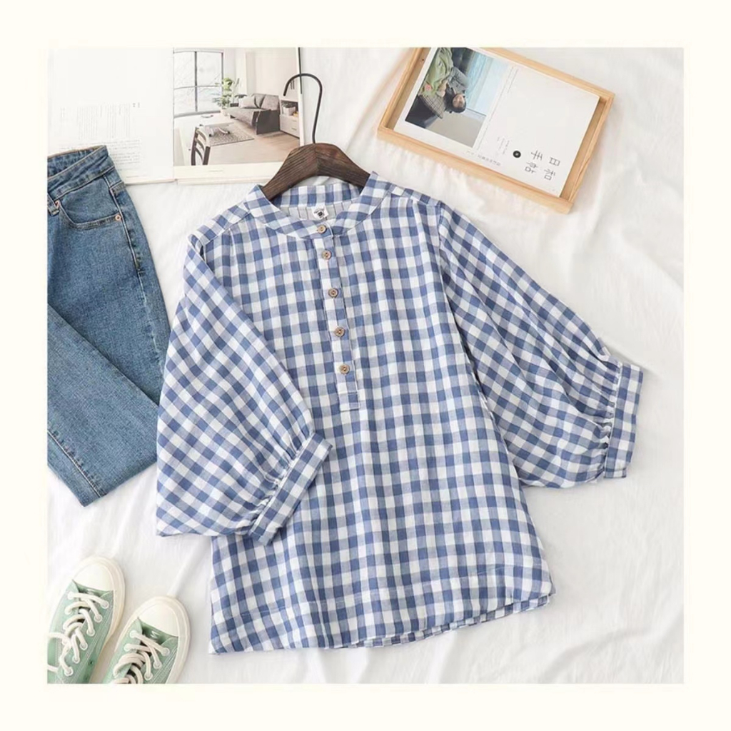 Áo Sơ Mi Tay Lỡ 3 / 4 Vải Cotton Dáng Rộng Họa Tiết Kẻ Sọc Phong Cách Hàn Quốc Vintage Cho Nữ