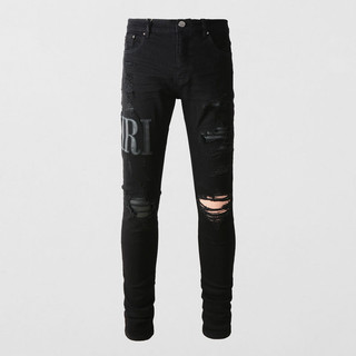 Amiri Street Fashion Mens Jeans Button Fly Elastic Perforated Jeans Mens Patch Designer Black Tight Hip Hop Denim Pants