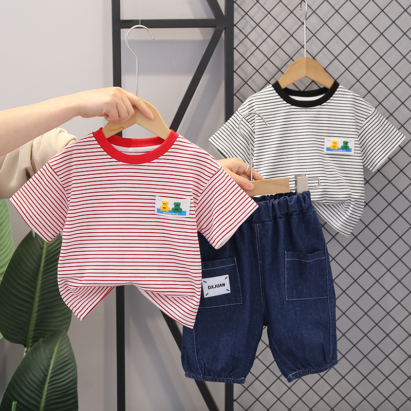 Set Đồ Mùa Hè 2 Món Gồm Áo Thun Cotton Kẻ Sọc + Quần Ngắn Thời Trang Cho Bé Sơ Sinh 0-5 Tuổi