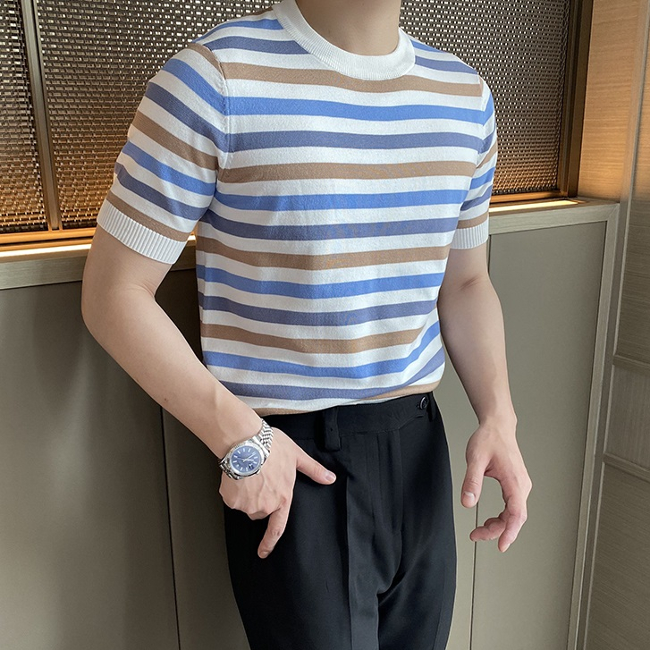 Áo Thun Dệt Kim Kẻ Sọc Màu Sắc Tương Phản Đơn Giản Phong Cách Hàn Quốc Cho Nam Giới Có Size M-3xl