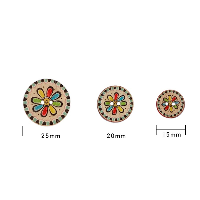 Set 100 Nút Gỗ Tròn 15 / 20 / 25mm In Họa Tiết Retro