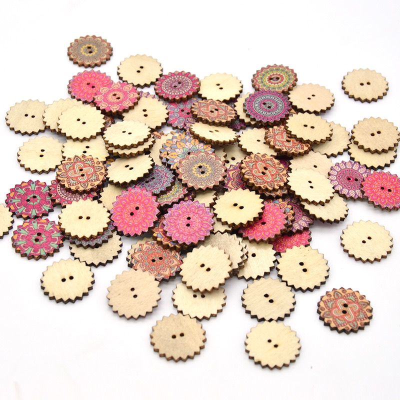 Set 100 Nút Gỗ Tròn 15 / 20 / 25mm In Họa Tiết Retro