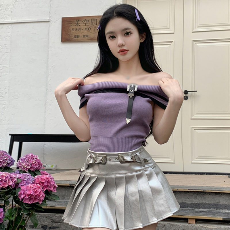 Áo Dệt Kim Ngắn Tay Hở Xương Quai Xanh Thời Trang Mùa Hè Cho Nữ
