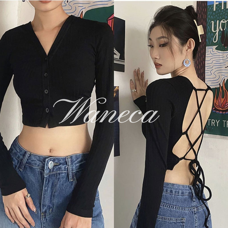 Waneca Áo Thun Nữ Tay Dài Cổ Chữ v Khoét Sâu Dây Chéo Sau Lưng Gợi Cảm