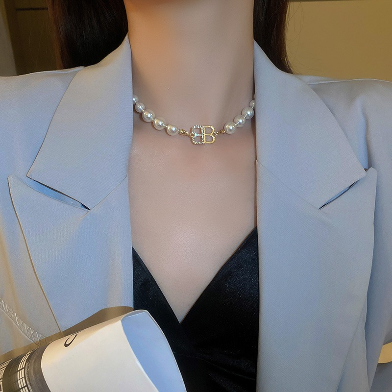 Vòng cổ Mặt Chữ B Đính Ngọc Trai Thời Trang Hàn Quốc Chất Lượng Cao