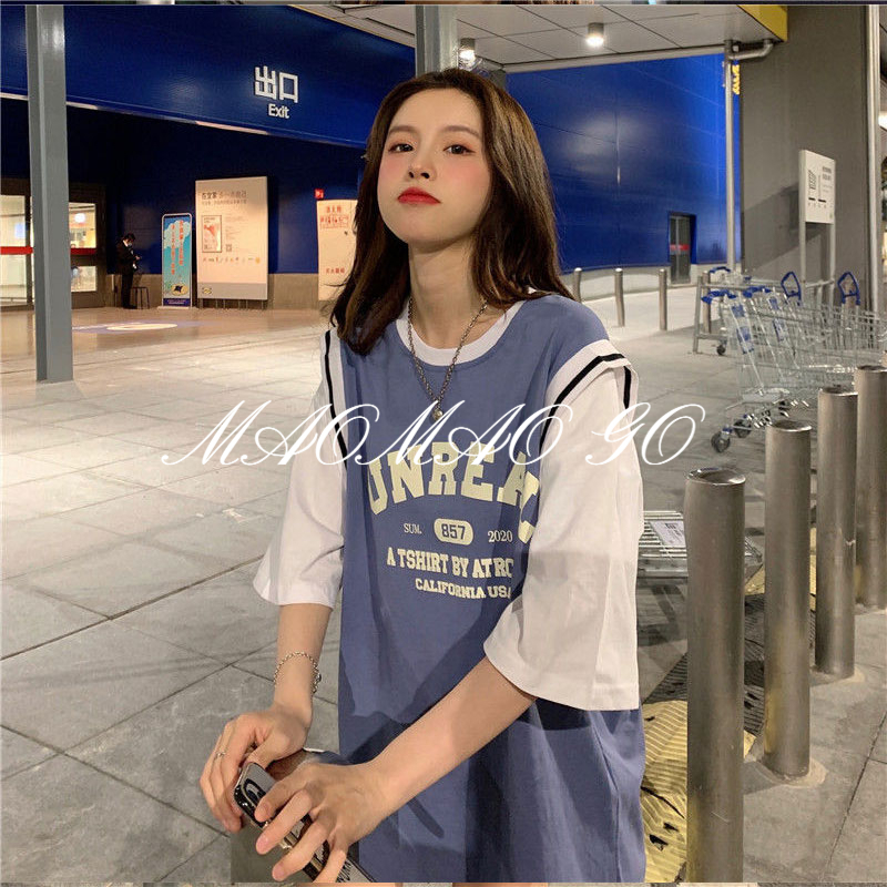 Maomao GO Áo Thun Bóng Rổ Giả Hai Lớp Tay Ngắn Dáng Rộng Phong Cách Harajuku Hàn Quốc Cho Nữ Sinh