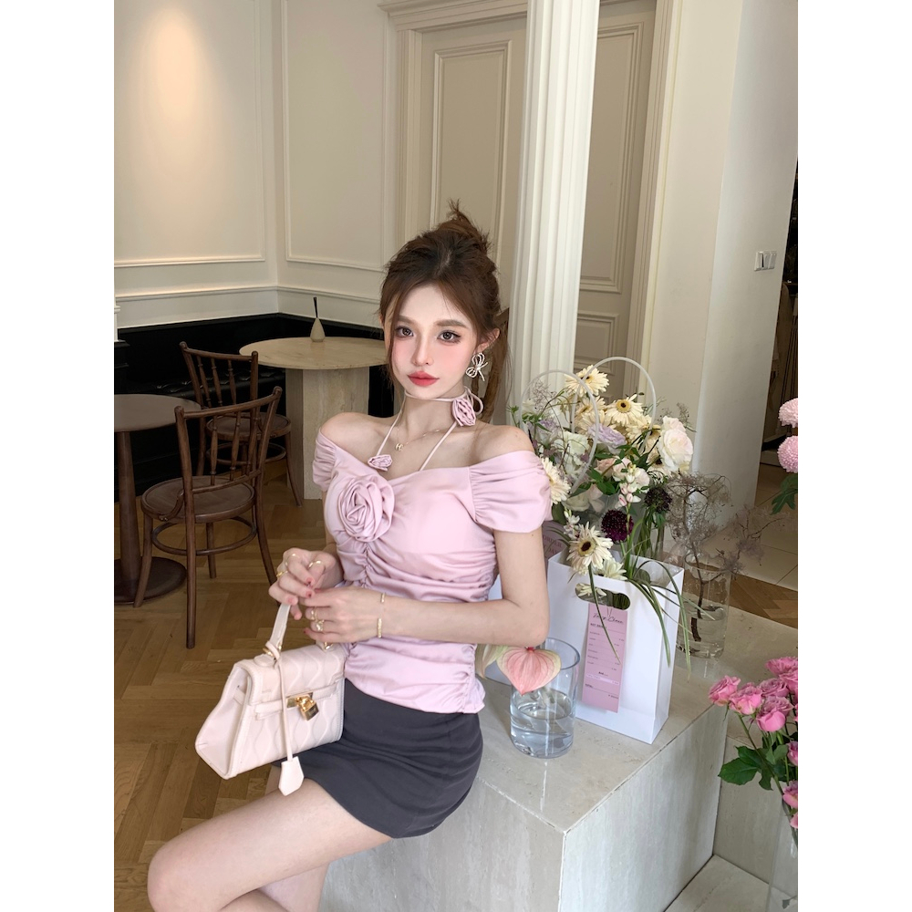 Áo Sơ Mi Ba Chiều Mỏng Mùa Hè Thiết Kế Diềm Xếp Nếp Màu Hồng Có Dây Đeo Cổ niche hot girl Mới