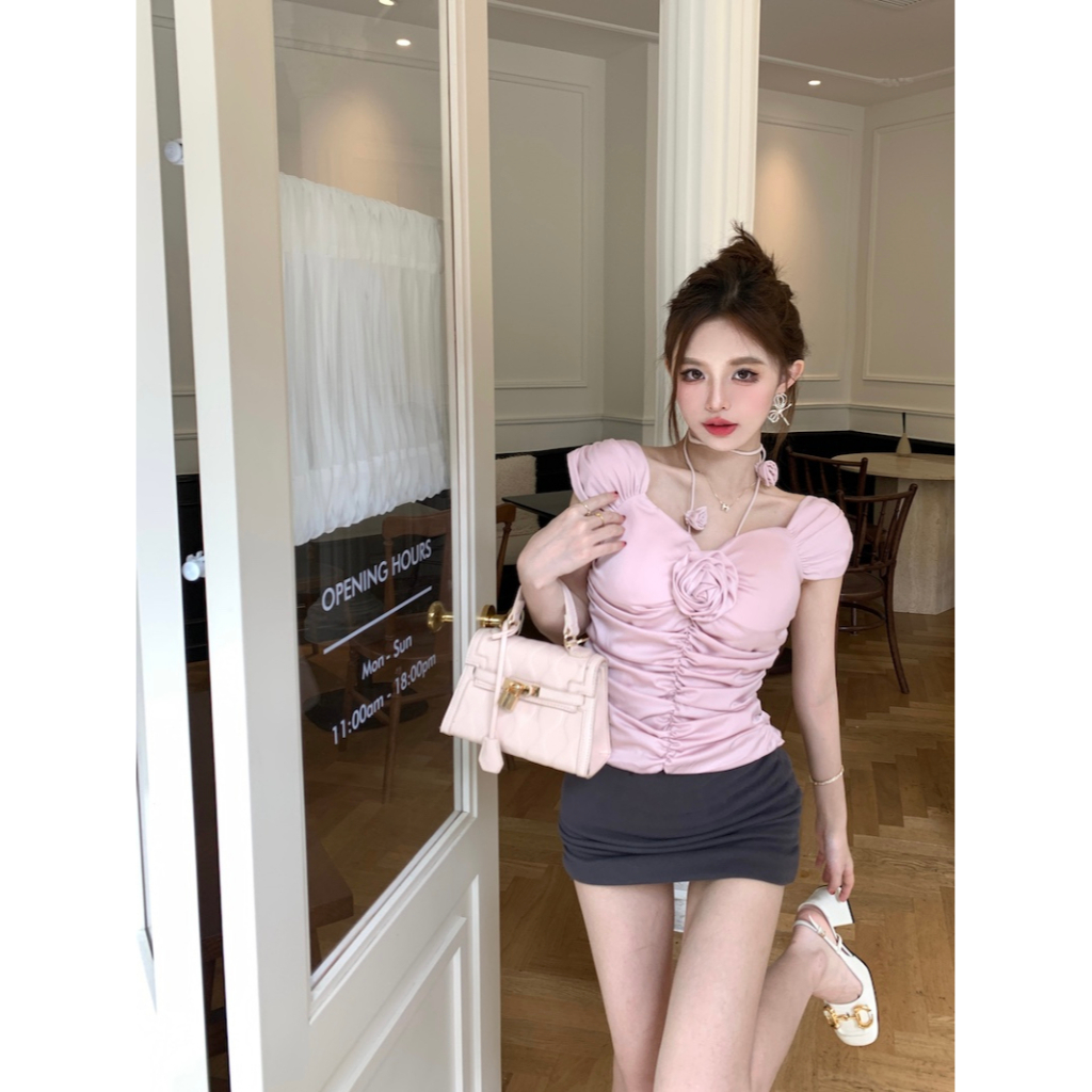 Áo Sơ Mi Ba Chiều Mỏng Mùa Hè Thiết Kế Diềm Xếp Nếp Màu Hồng Có Dây Đeo Cổ niche hot girl Mới