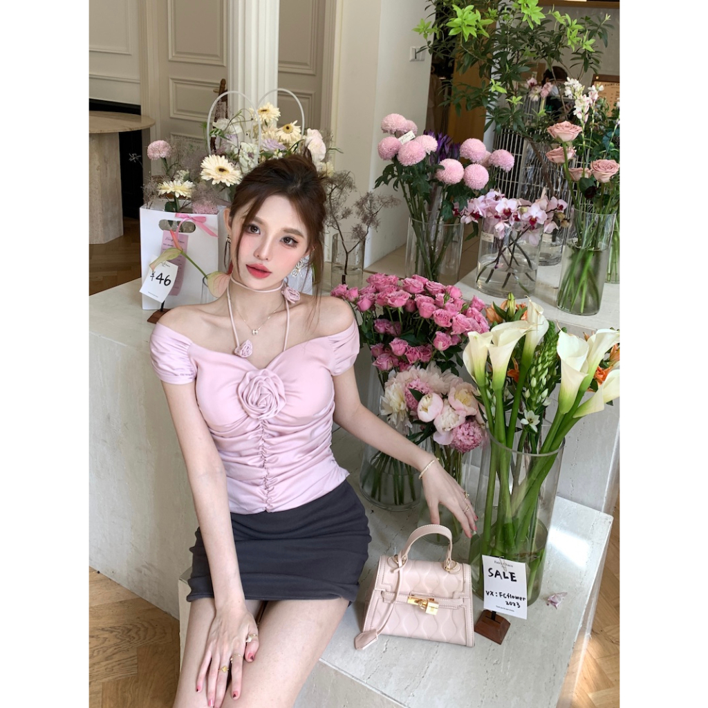 Áo Sơ Mi Ba Chiều Mỏng Mùa Hè Thiết Kế Diềm Xếp Nếp Màu Hồng Có Dây Đeo Cổ niche hot girl Mới