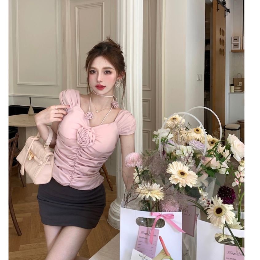 Áo Sơ Mi Ba Chiều Mỏng Mùa Hè Thiết Kế Diềm Xếp Nếp Màu Hồng Có Dây Đeo Cổ niche hot girl Mới