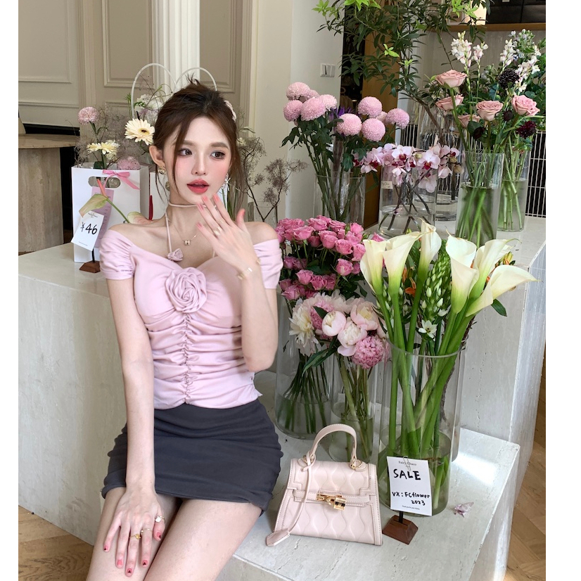 Áo Sơ Mi Ba Chiều Mỏng Mùa Hè Thiết Kế Diềm Xếp Nếp Màu Hồng Có Dây Đeo Cổ niche hot girl Mới