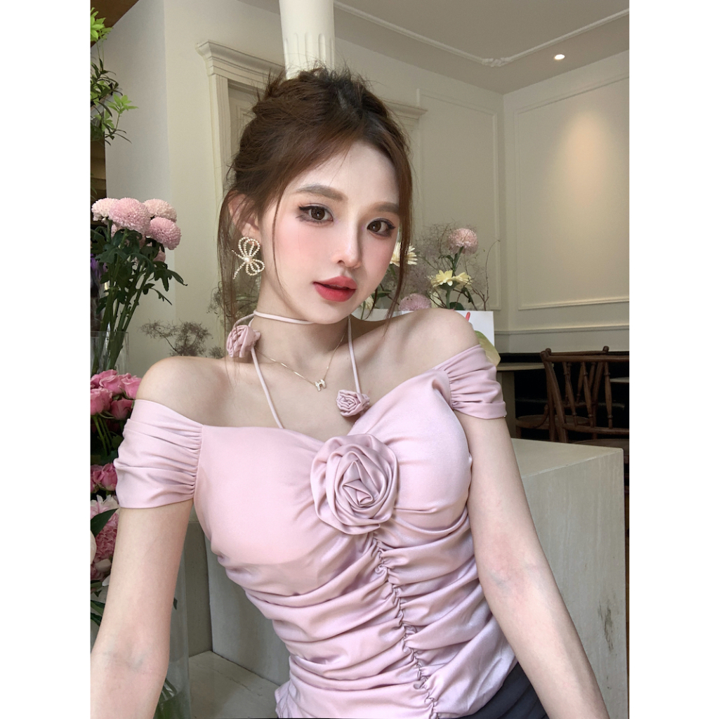 Áo Sơ Mi Ba Chiều Mỏng Mùa Hè Thiết Kế Diềm Xếp Nếp Màu Hồng Có Dây Đeo Cổ niche hot girl Mới