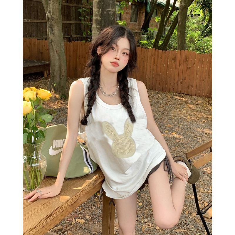 QADCOL Áo Thun Không Tay Dáng Rộng Họa Tiết Thỏ Phong Cách retro Thời Trang Mùa Hè Dành Cho Nữ