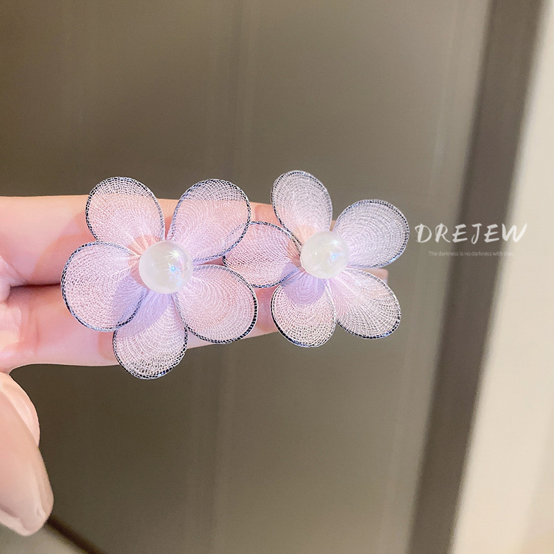 DREJEW Vòng cổ Khuyên tai bạc phối hình hoa đính ngọc trai nhân tạo thời trang