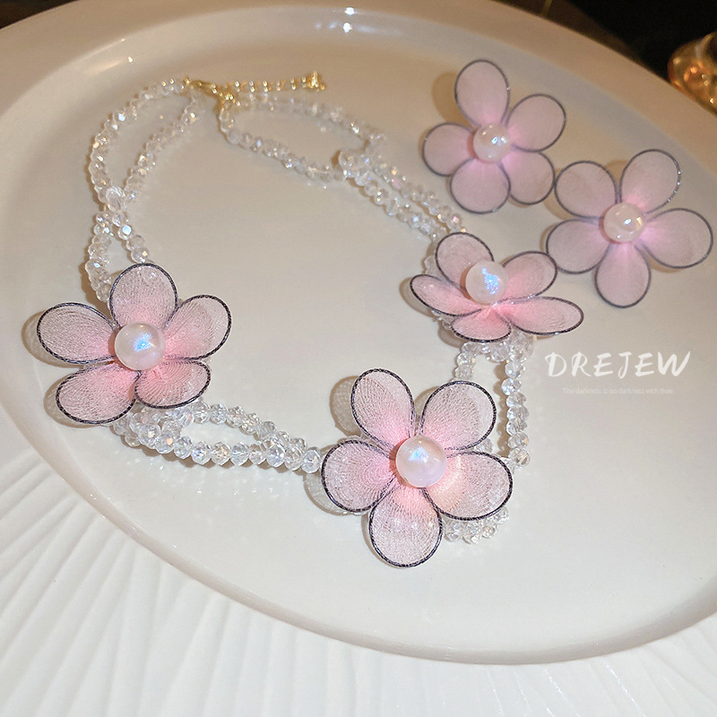 DREJEW Vòng cổ Khuyên tai bạc phối hình hoa đính ngọc trai nhân tạo thời trang