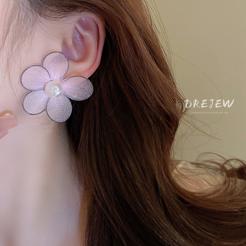 DREJEW Vòng cổ Khuyên tai bạc phối hình hoa đính ngọc trai nhân tạo thời trang