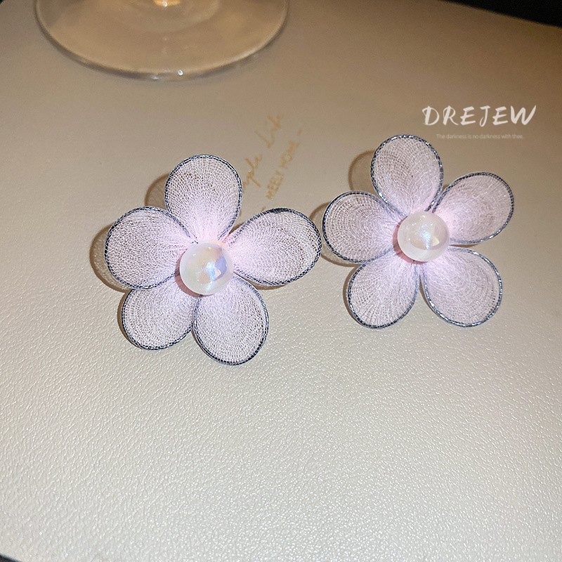 DREJEW Vòng cổ Khuyên tai bạc phối hình hoa đính ngọc trai nhân tạo thời trang