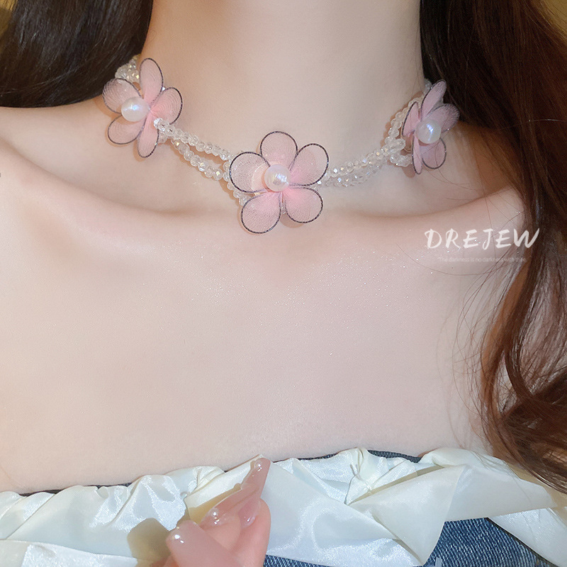 DREJEW Vòng cổ Khuyên tai bạc phối hình hoa đính ngọc trai nhân tạo thời trang