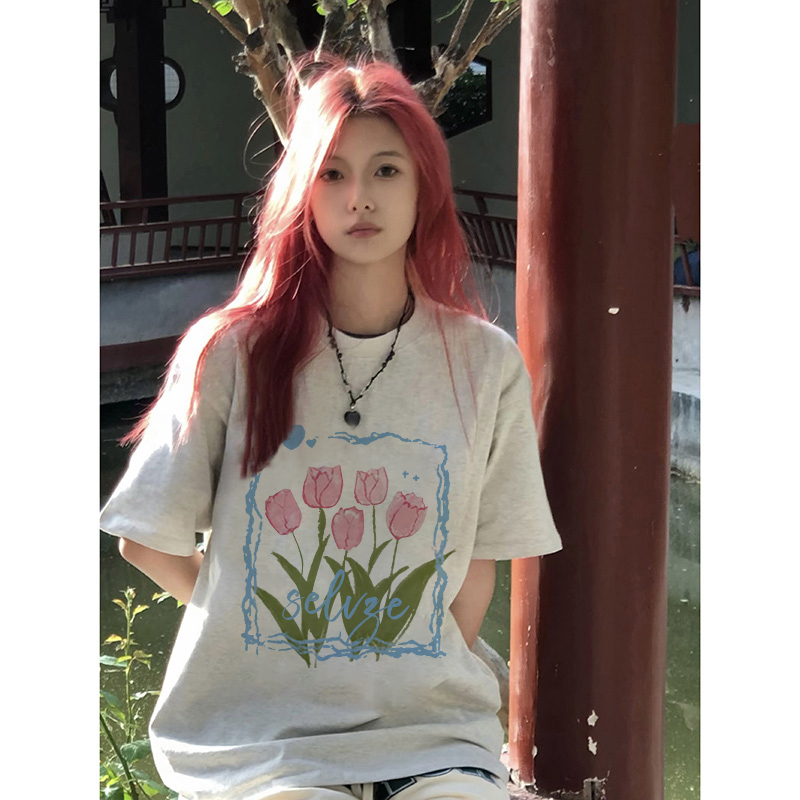 Áo Thun Rộng Tay Ngắn Cổ Tròn In Hình Hoa Màu Trắng Đen Thời Trang Dành Cho Nữ