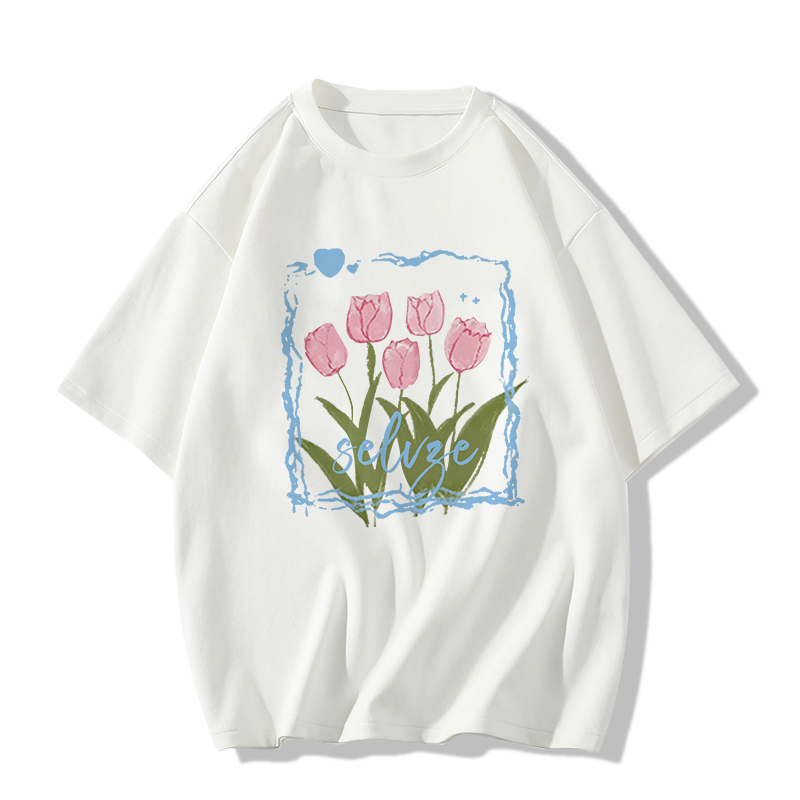 Áo Thun Rộng Tay Ngắn Cổ Tròn In Hình Hoa Màu Trắng Đen Thời Trang Dành Cho Nữ