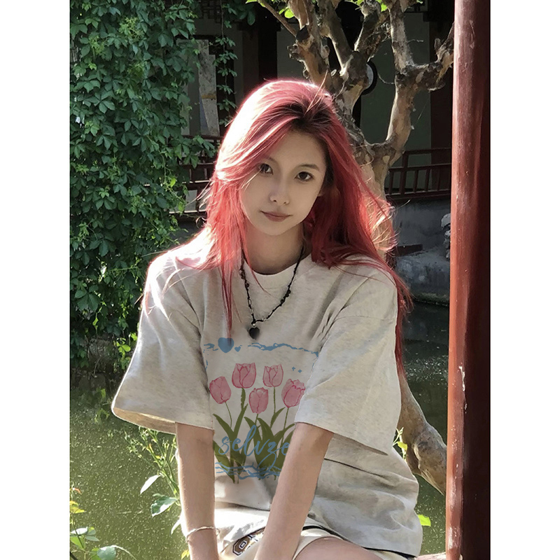 Áo Thun Rộng Tay Ngắn Cổ Tròn In Hình Hoa Màu Trắng Đen Thời Trang Dành Cho Nữ